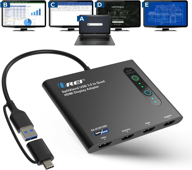 OREI SplitExtend HDMI Splitter Extended Display for Quad Monitor - Multi-Monitor Display 5 Separate Screens - USB-C Adapter to HDMI 2.0, 4K@30Hz Outputs - Windows and Mac Compatible - Image 1